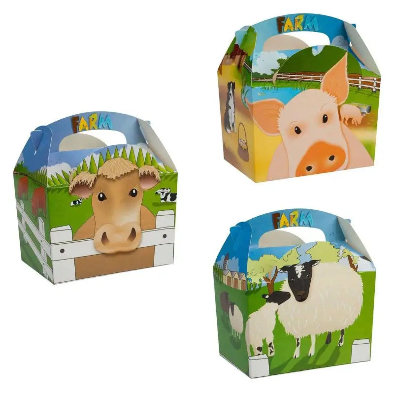 Colorful cardboard farm yard gift boxes featuring cow, sheep, and pig designs