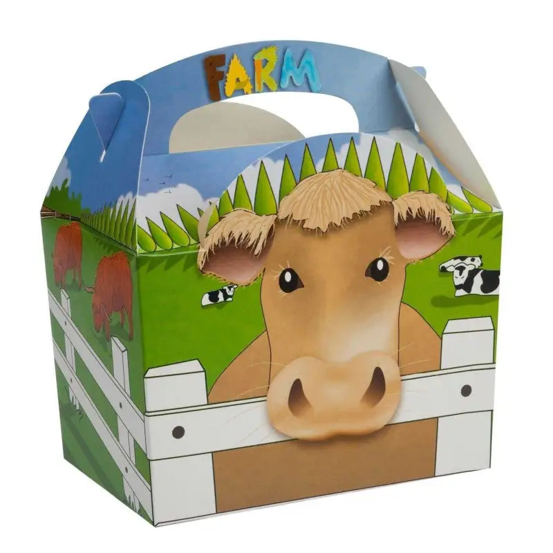 Colorful farm yard meal party box featuring a cow’s face for children’s fun