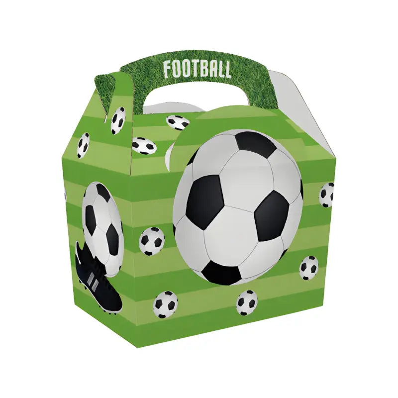 Football-themed meal party box featuring soccer ball designs for kids’ parties