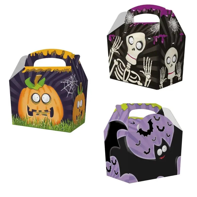 Three Halloween-themed treat boxes with pumpkin, skeleton, and bat designs for Halloween Spooky Time