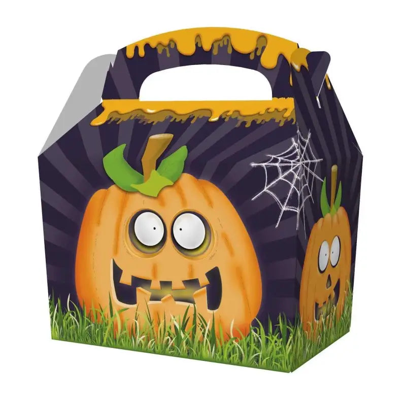 Halloween-themed cardboard treat box with jack-o’-lanterns for meal party box