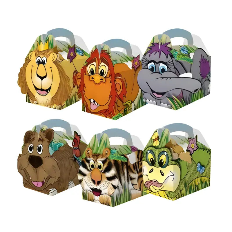 Colorful cardboard meal party box with jungle design and cartoon animal faces