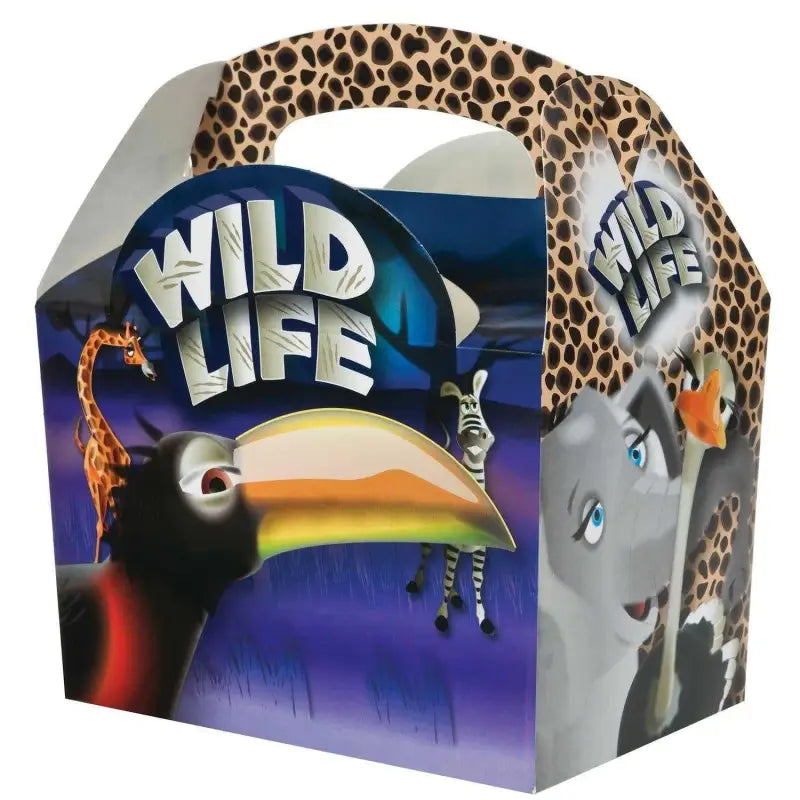 Colorful cardboard Children’s Meal Party Box with Wildlife Design and animal illustrations