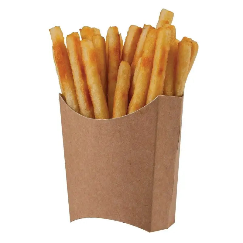 Golden crispy French fries in a paper container, perfect for finger foods and onion rings