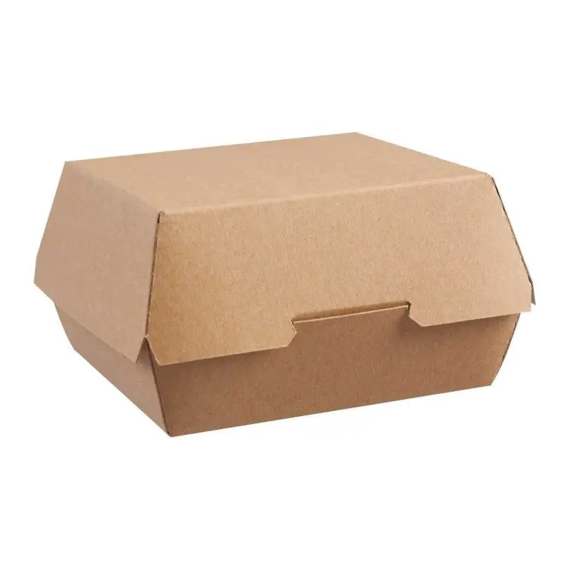 Cardboard clam shell burger takeout container with hinged lid for packaging food