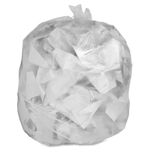 Clear refuse sacks filled with crumpled white paper in Clear Bin Liners packaging