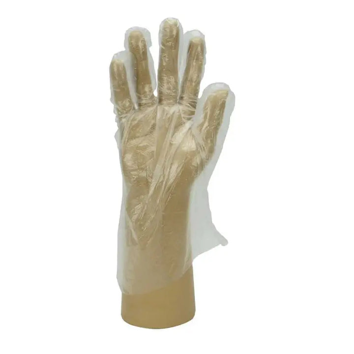 Transparent clear embossed polythene disposable glove with five fingers extended