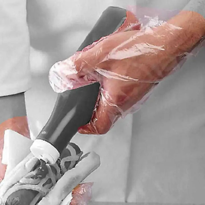 Prosthetic leg adjustment with clear embossed polythene disposable glove in use