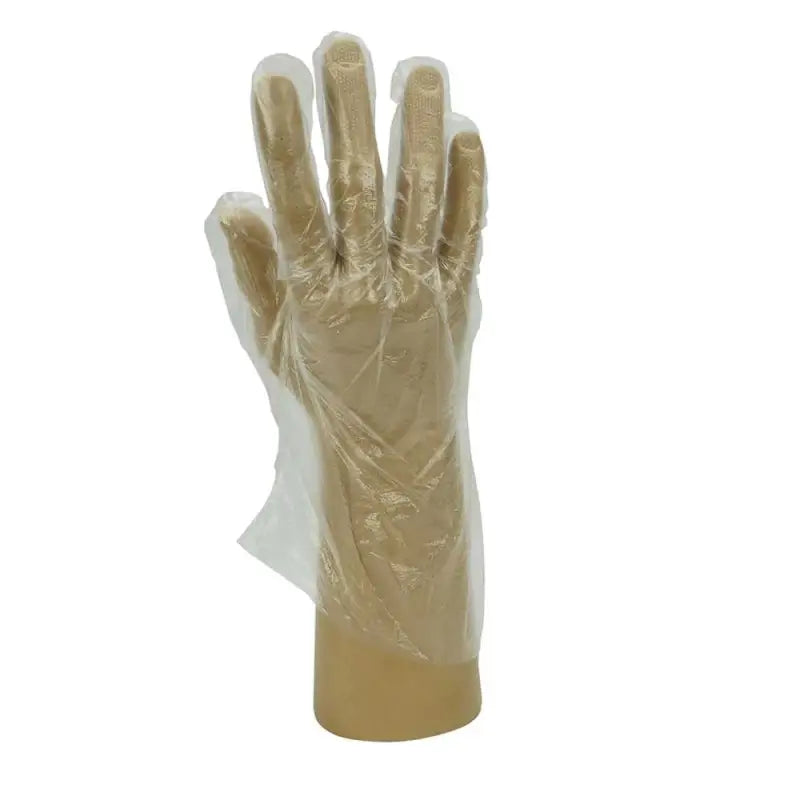 Clear Embossed Polythene Disposable Glove on Hand-Shaped Form for Protection