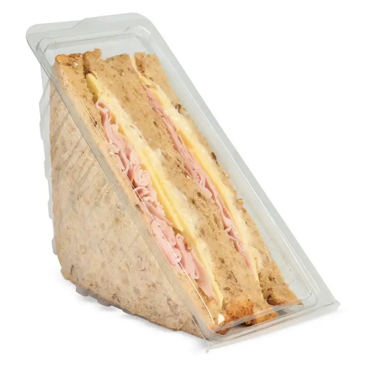 Ham and cheese sandwich in clear hinged sandwich container for fresh portability