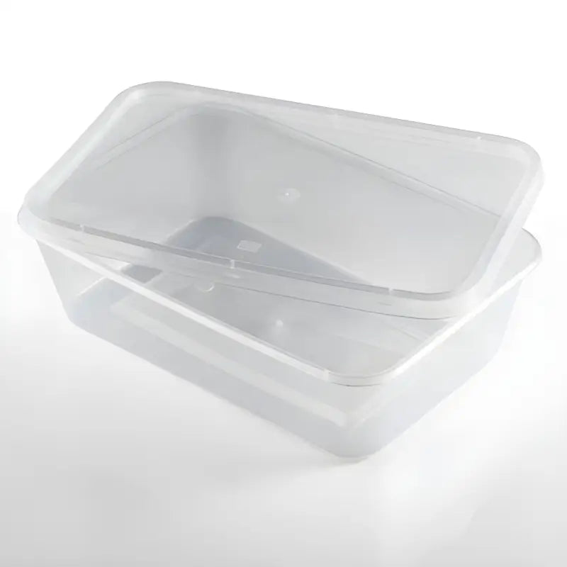 Clear plastic container with lid, microwave safe, ideal for food storage UK