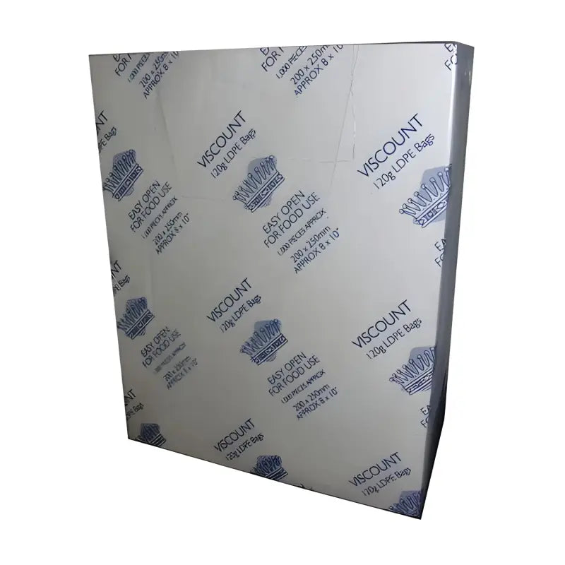 White cardboard box with blue text for Clear Polythene Food Safe Bags 120g