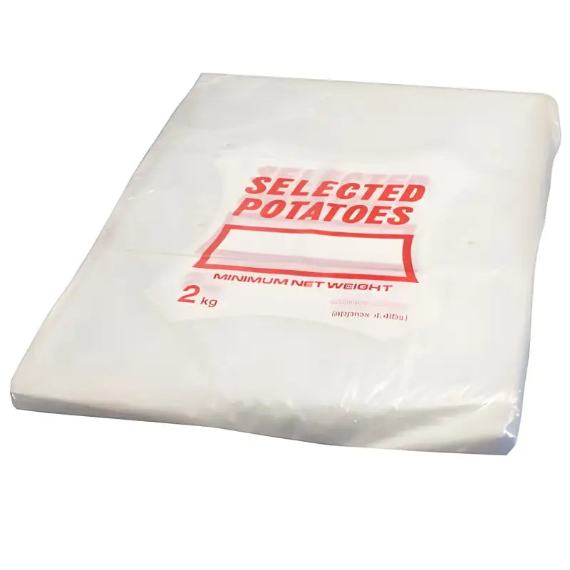 White plastic potato bag with red label on a white background, ideal for carry supply weights