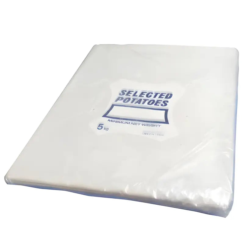 White plastic potato bag labeled Selected Potatoes 5kg on white background for easy carry