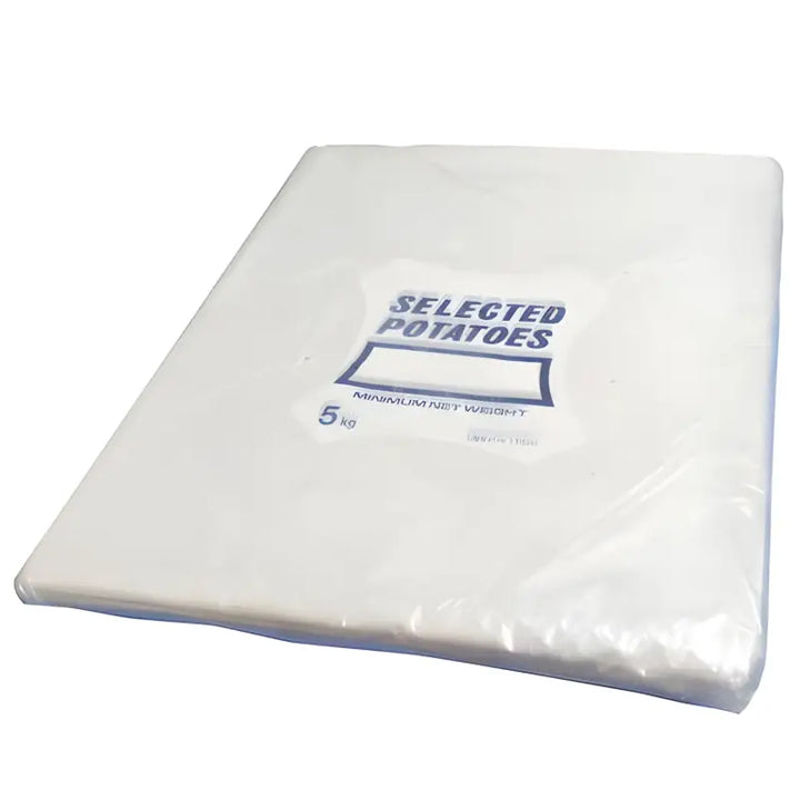 White plastic potato bag labeled Selected Potatoes 5kg on white background for easy carry