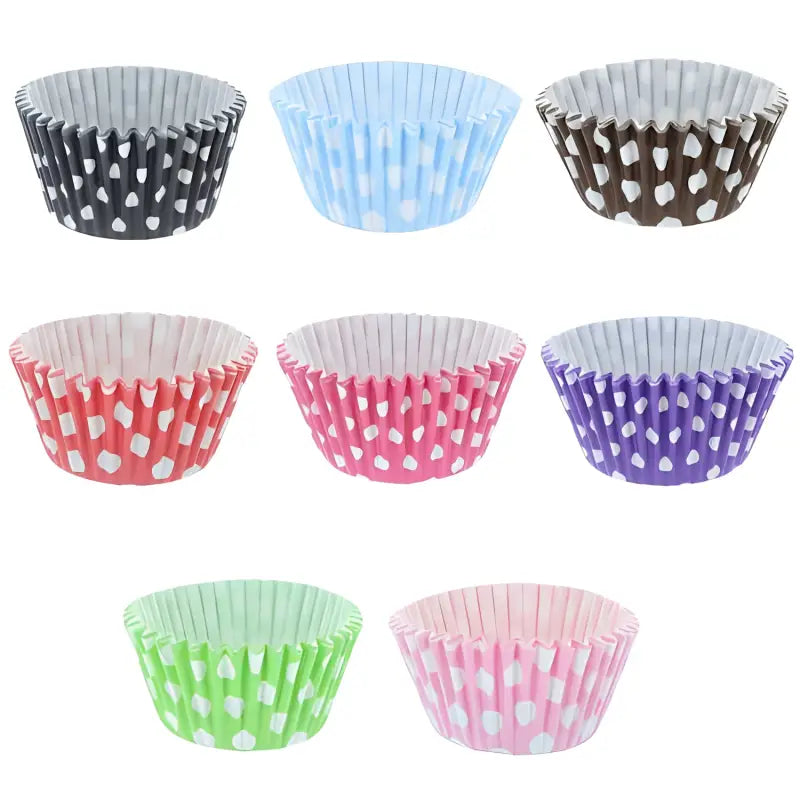 Colorful polka dot cupcake cases arranged in rows for stylish baking presentations