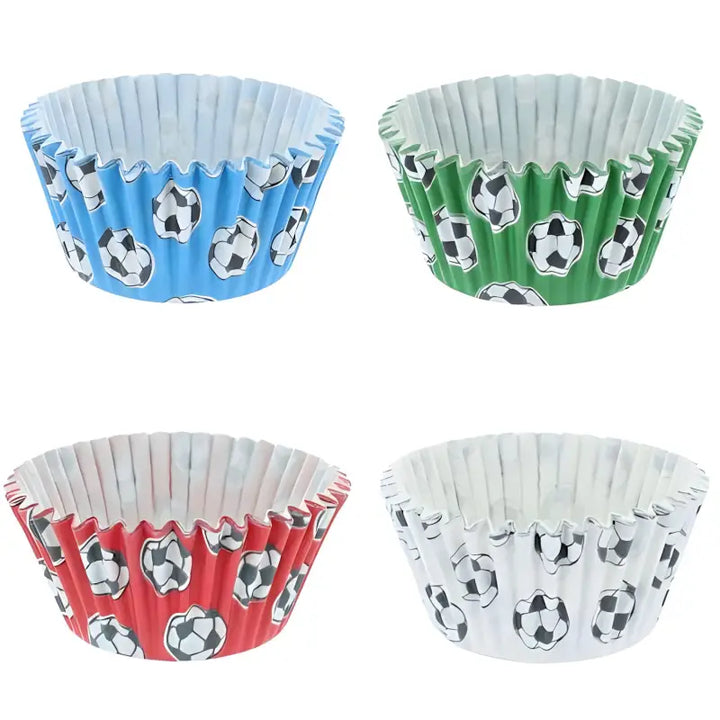 Colorful cupcake cases with soccer ball patterns for deli supplies cupcake needs