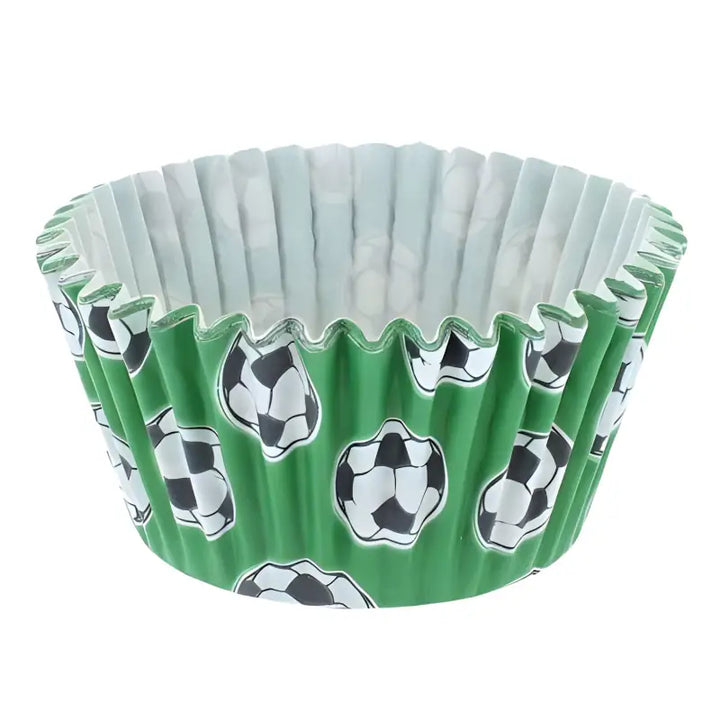 Soccer-themed cupcake cases with green background and white ball patterns for events