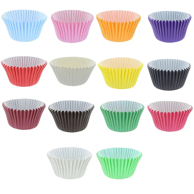 Colorful paper cupcake cases arranged in rows, perfect for baking and deli supplies