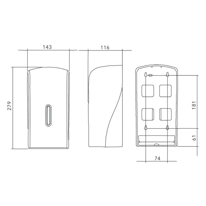 Technical schematic of a Wall-Mounted Soap Dispenser for Bulk Pack Toilet Tissue