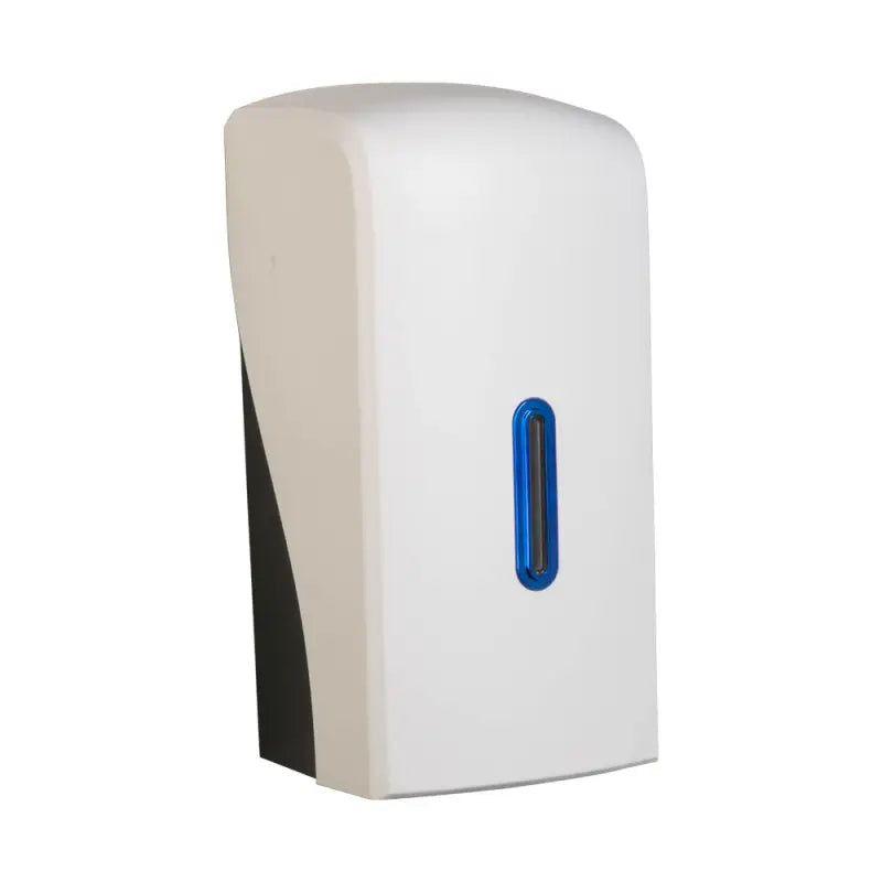 Wall-mounted soap dispenser with blue indicator for Deli Supplies bulk pack toilet tissue