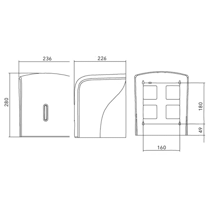 Technical drawing of Deli Supplies Halo Centre Feed Dispenser with dimensions