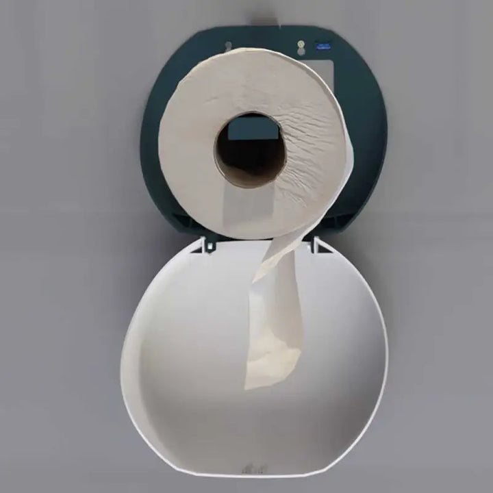 Toilet paper roll in a white circular holder for Mini Jumbo Toilet Tissue Dispensers