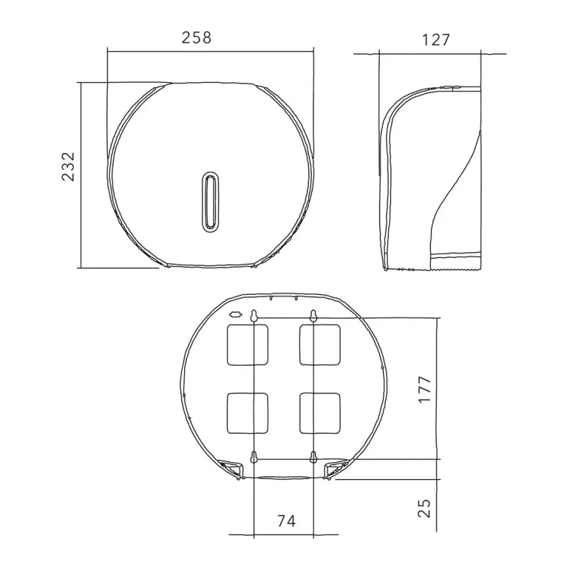 Technical drawing of Deli Supplies Halo Mini Jumbo Toilet Tissue Dispenser with dimensions