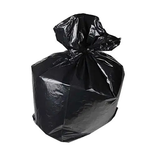 Black plastic garbage bag tied at the top of Extra Heavy Duty VESTRA Compactor Sacks