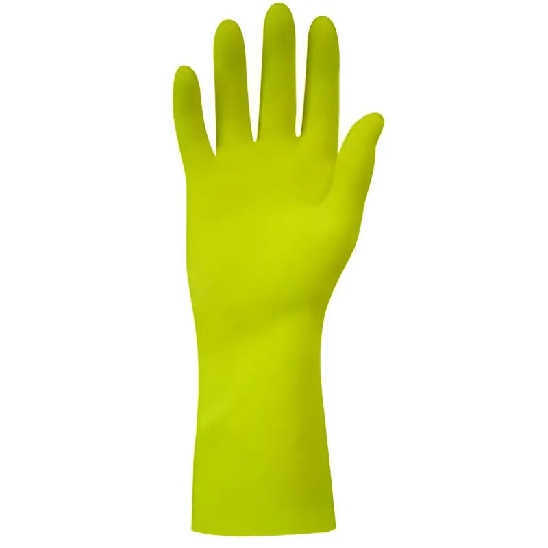 Bright green rubber glove with extended fingers for extra long yellow household gloves