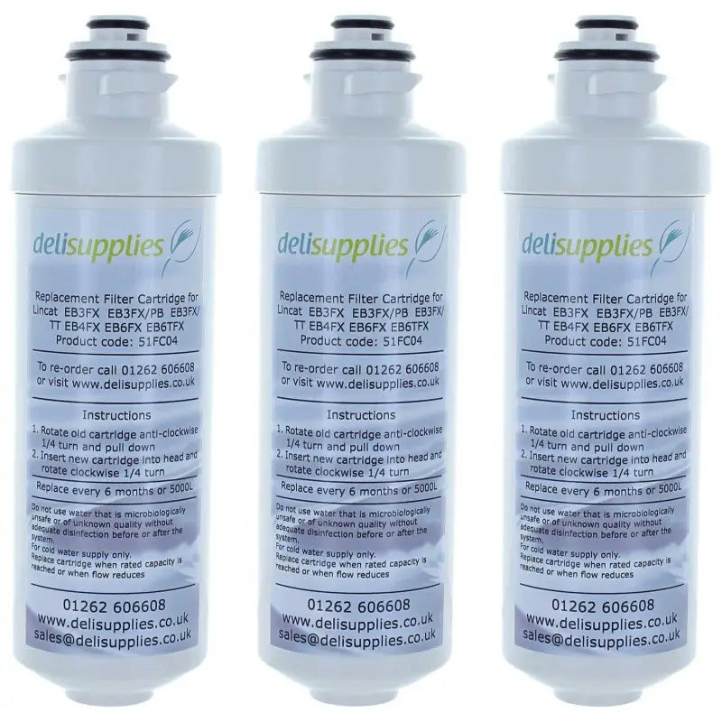 Three identical FC04 Filter Cartridges for eb3fx water filtration with blue labels