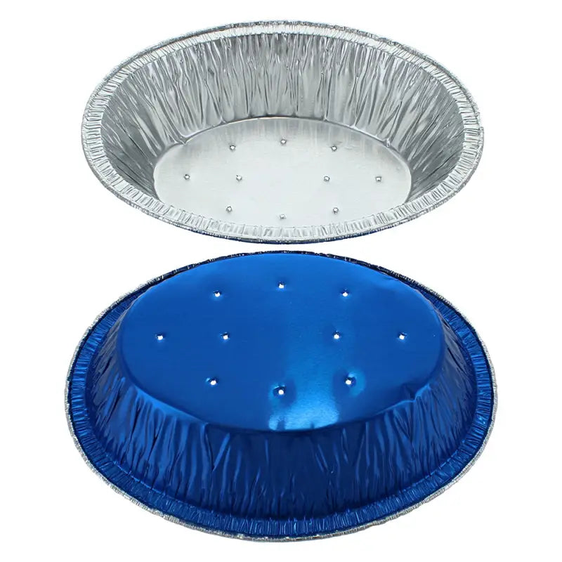 Disposable blue lanced oval foil pie dish with perforated bottom for cooking and baking