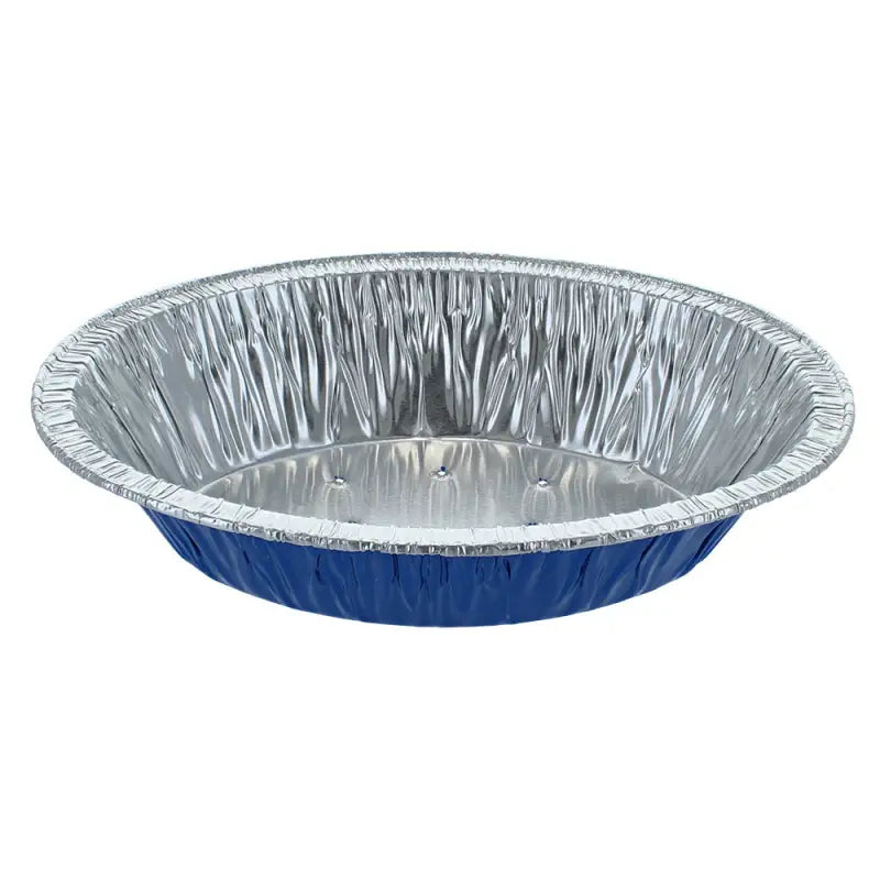 Disposable blue lanced oval foil pie dish in aluminum for baking and serving desserts