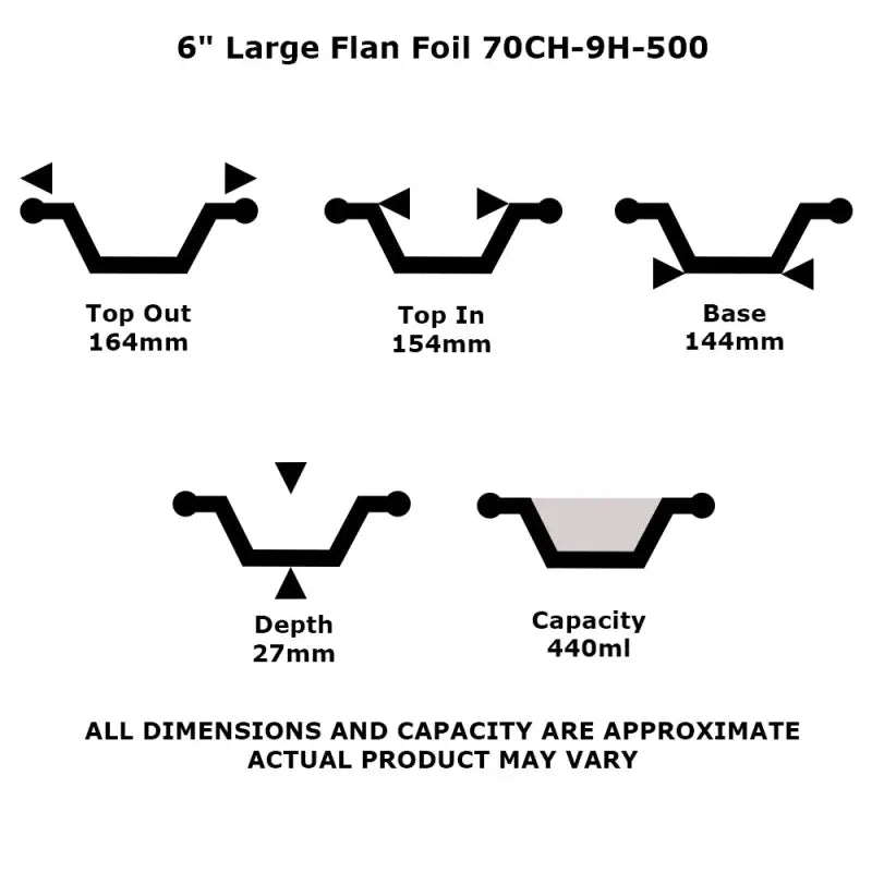 Diagram of cross-section views of 6 inch large round flan foil container dimensions