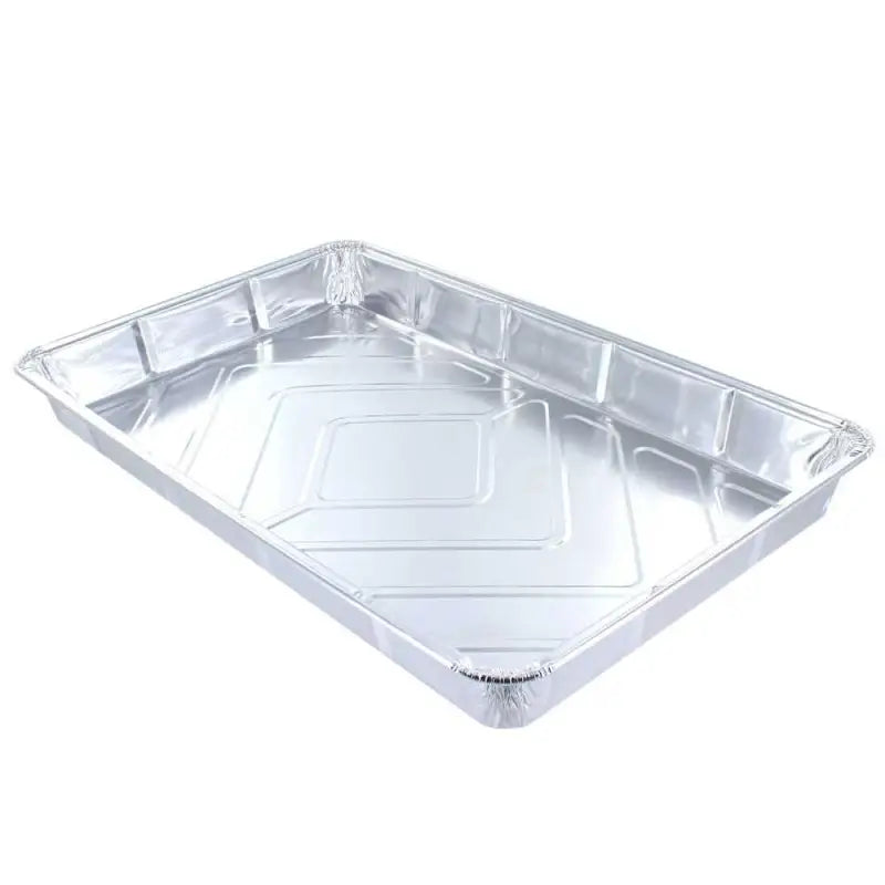 Rectangular aluminum foil container tray with raised edges for baking and cooking