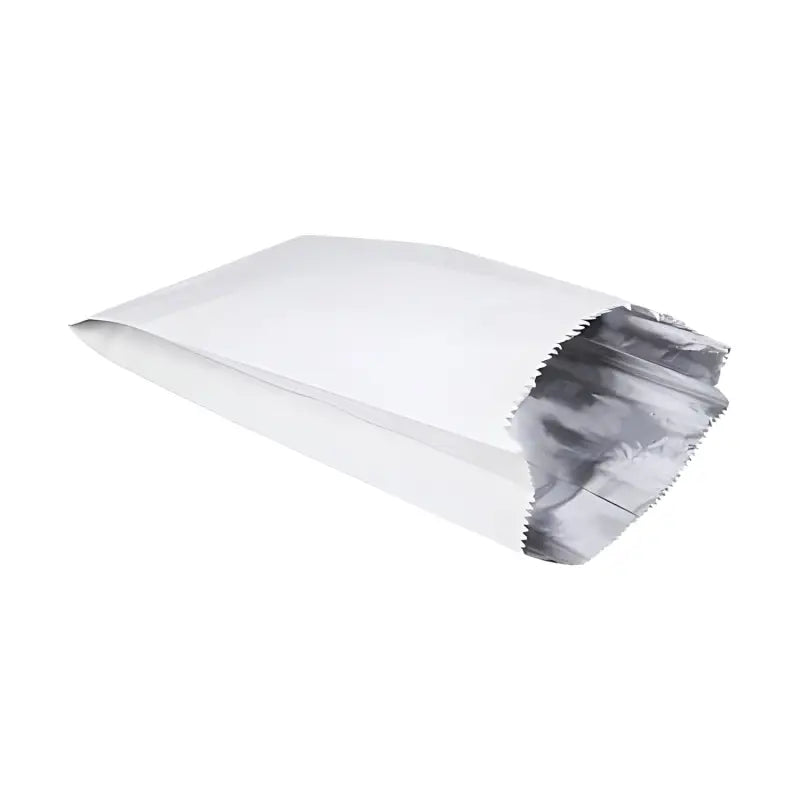 White paper bag with metallic silver interior, ideal foil lined packaging solution