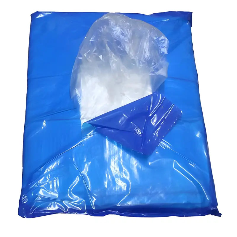 Blue plastic disposable rain poncho in clear bag ideal for HD Counter Sheets protection