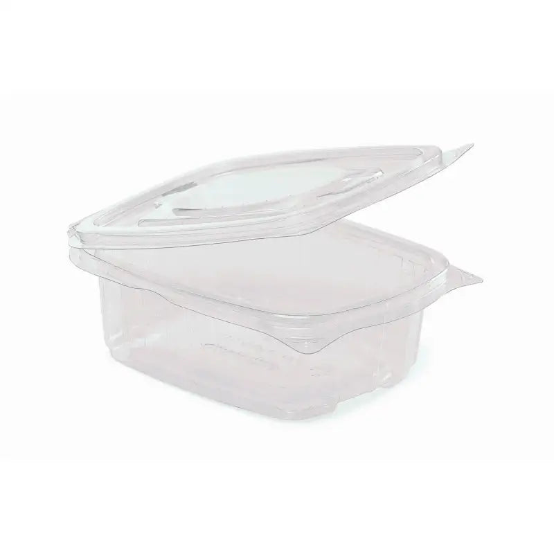 Clear plastic food storage container with hinged lid for salads in the UK