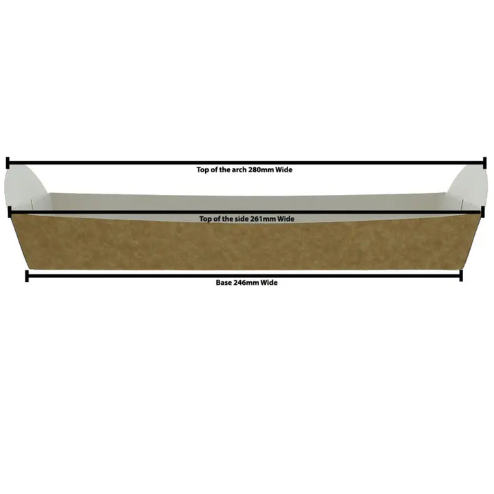 Trapezoidal Kraft Cardboard Food Baguette Tray with labeled measurements for take away