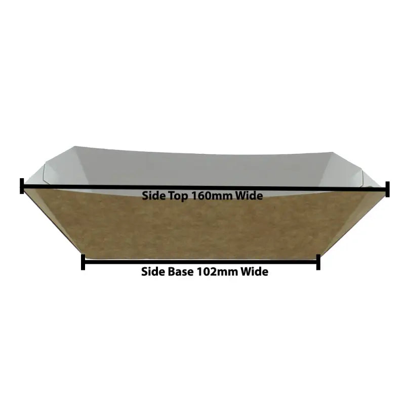 Trapezoidal Kraft Food Chip Tray with labeled top and base widths for deli supplies