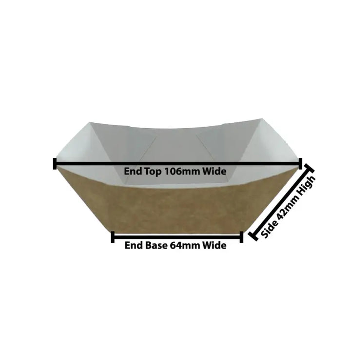 Trapezoidal Kraft Food Chip Tray with labeled dimensions for deli supplies