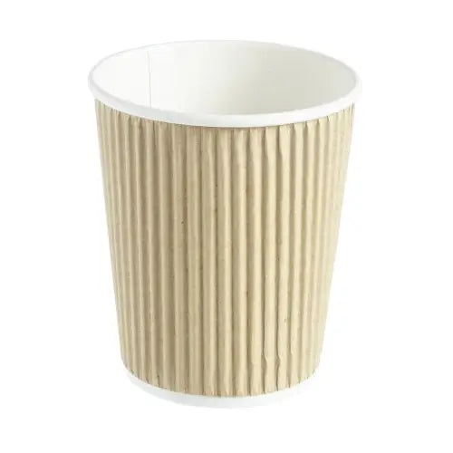 Kraft Ripple Paper 8oz Hot Drink Cup with beige exterior and white interior rim