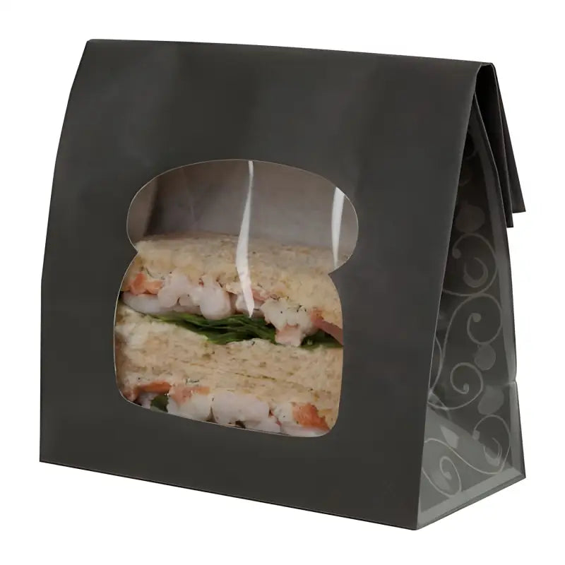 Black cardboard sandwich box with window, perfect for laminated sandwich and cookie bags