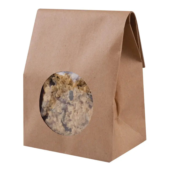 Brown paper laminated sandwich bag with window showcasing granola and trail mix