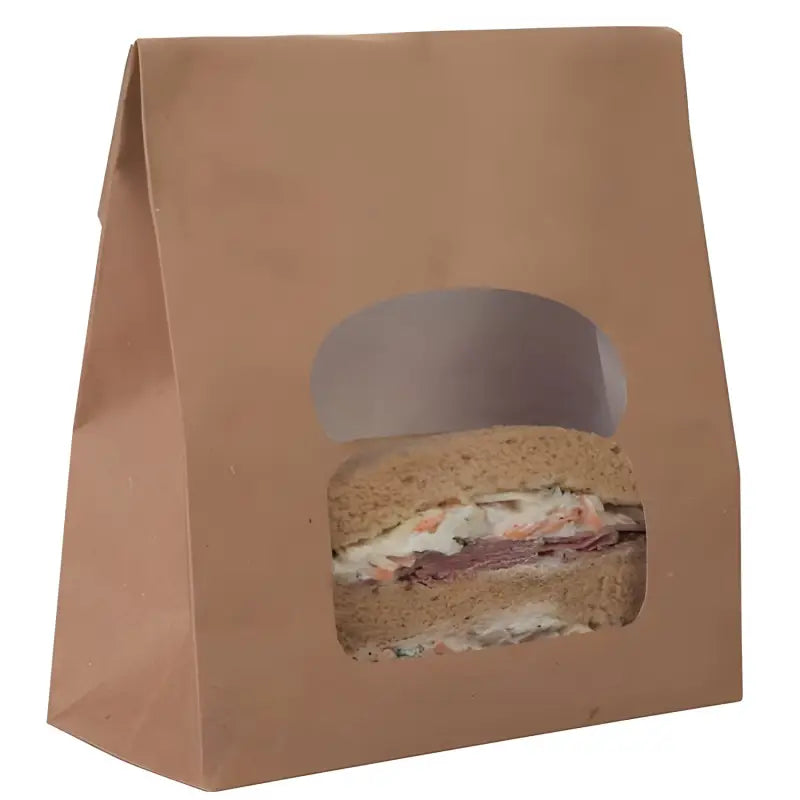 Brown paper bag with window displaying a laminated sandwich from Cookie Bags UK