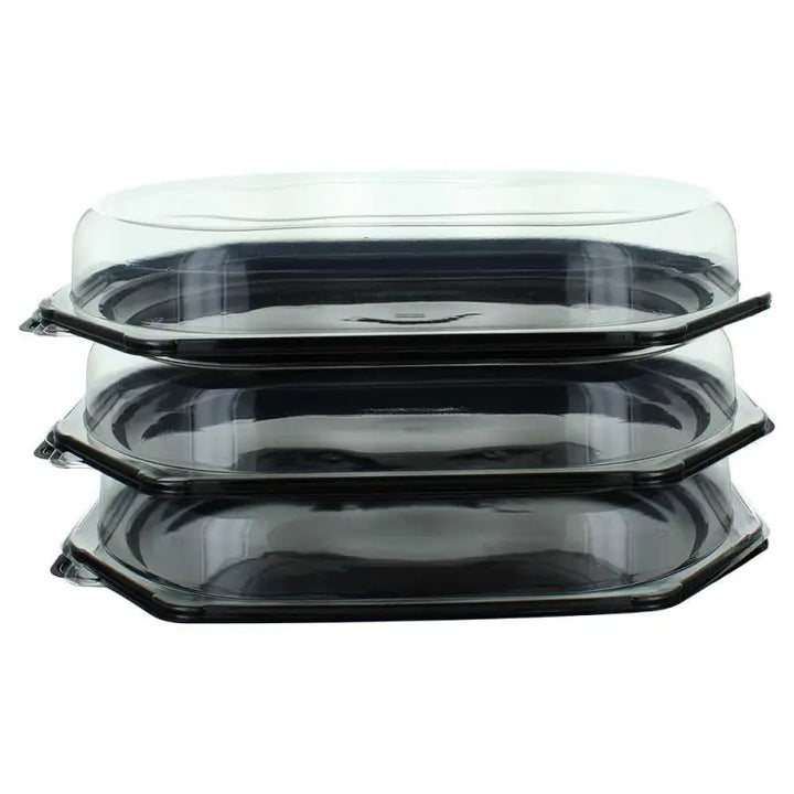 Stack of large octagonal sandwich containers with clear plastic lids for serving