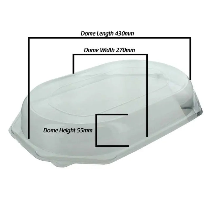 Oval-shaped plastic dome lid with dimensions for Large Octagonal Sandwich Platter Base