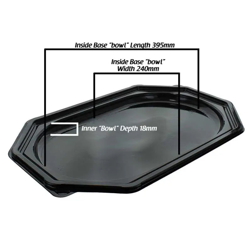 Black plastic octagonal sandwich platter base with lid and labeled dimensions for easy use