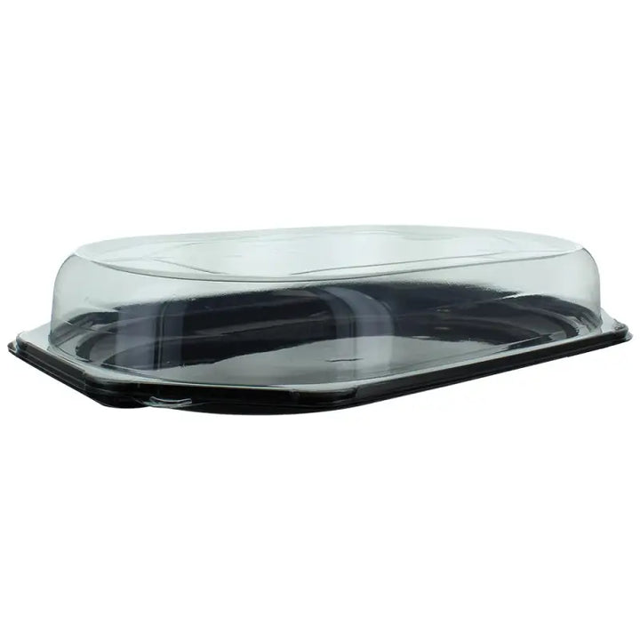 Clear plastic dome lid on black base of Large Octagonal Sandwich Platter