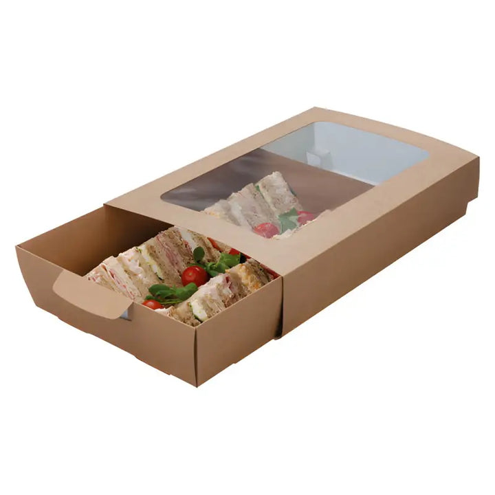 Medium Cardboard Platter Box with clear window showcasing delicious sandwiches inside